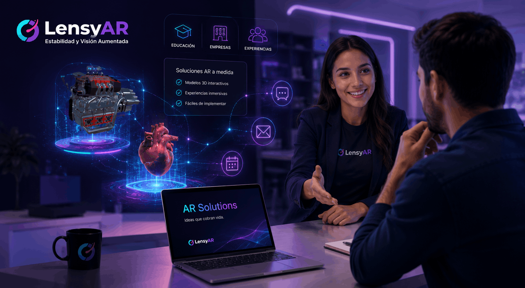 LensyAR Studio - Soluciones AR a medida para educación, empresas y experiencias: una asesora muestra modelos 3D interactivos a un cliente