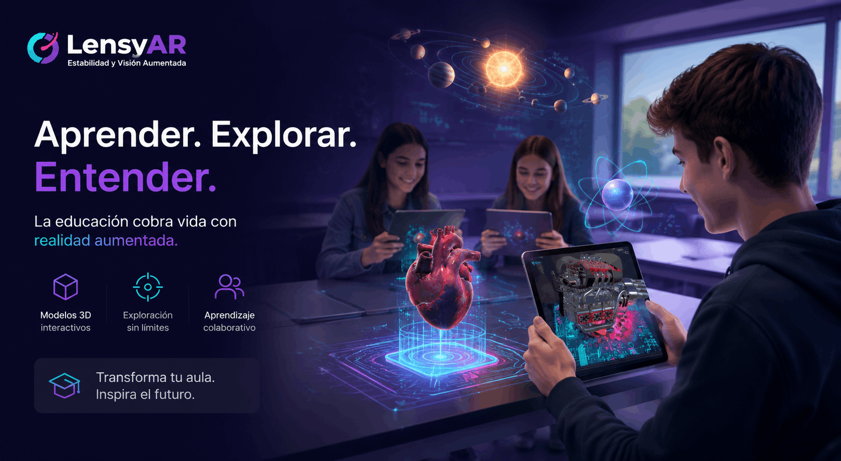 LensyAR Studio - Aprender, explorar y entender. La educación cobra vida con Realidad Aumentada: estudiantes interactuando con un corazón humano, un motor mecánico y el sistema solar en 3D
