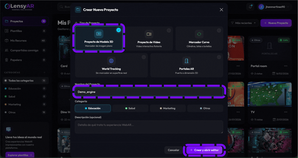 Paso 1: Creación de nuevo proyecto de modelo 3D en el dashboard de LensyAR