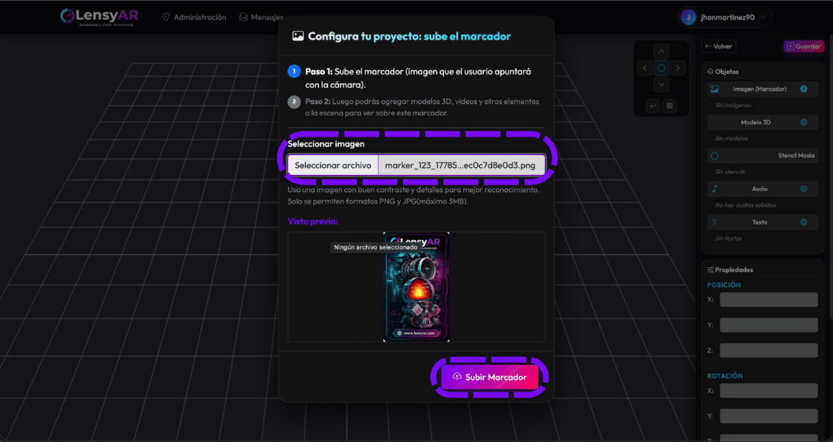 Paso 2: Subida y confirmación de la imagen marcador en el editor de LensyAR