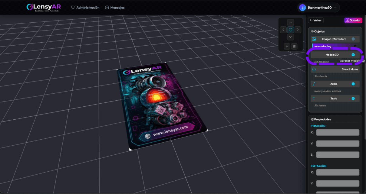 Paso 3: Subida del archivo 3D GLB al panel de objetos