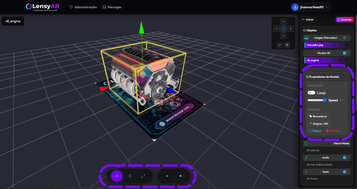 Paso 4: Manipulación de gizmos de traslación, escala y propiedades del modelo 3D