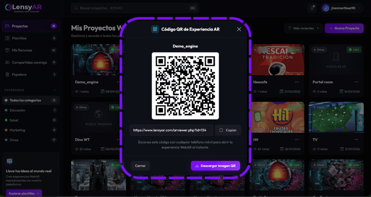 Paso 9: Modal de código QR con opciones de escaneo, descarga y copia de enlace